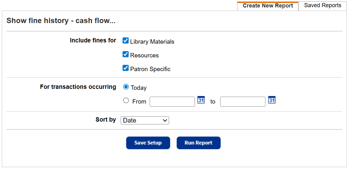 Fine history repor setup page.